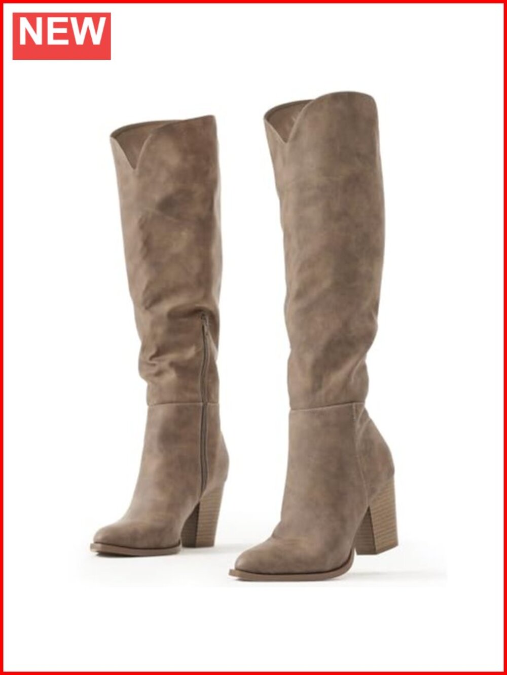 Faux Leather Knee High Western Boots Pointed Toe Chunky Heel